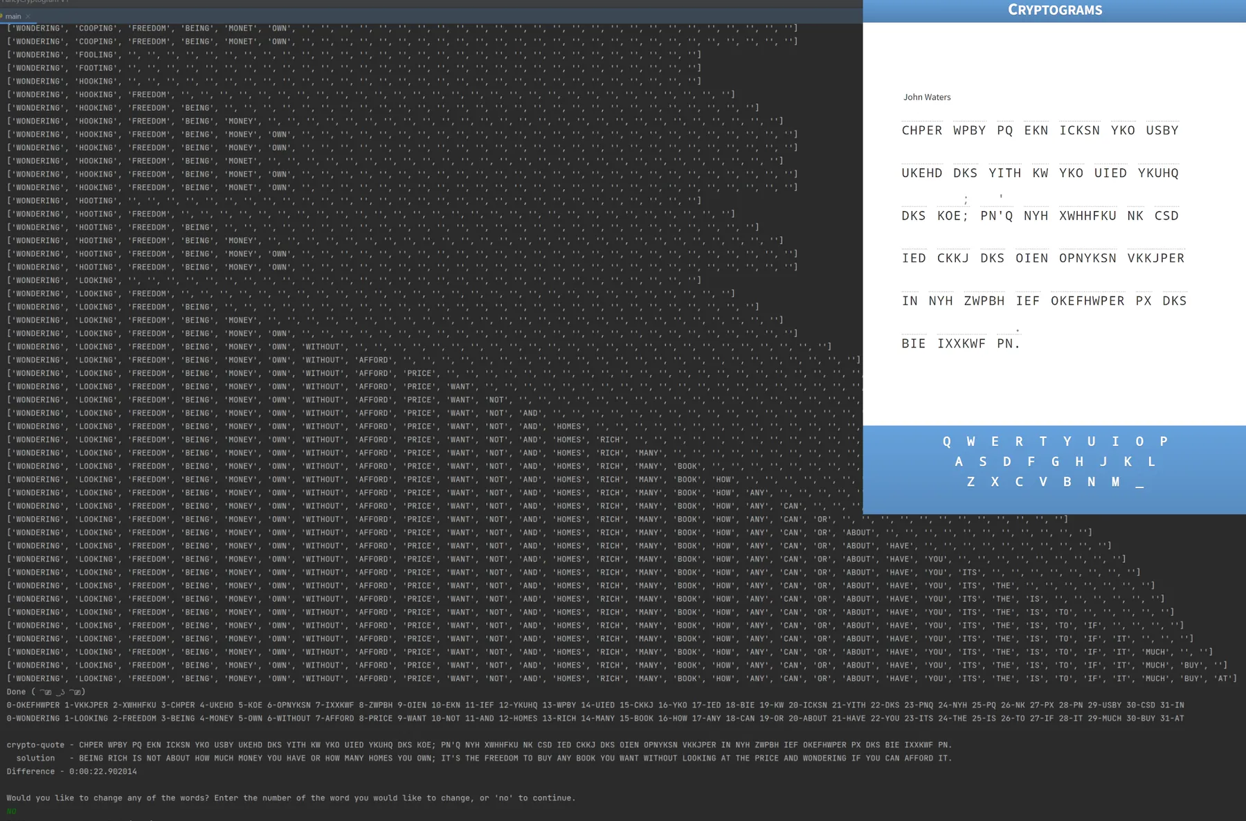 Split-screen view of the solver working through an online cryptogram and revealing a quote about freedom, books and money