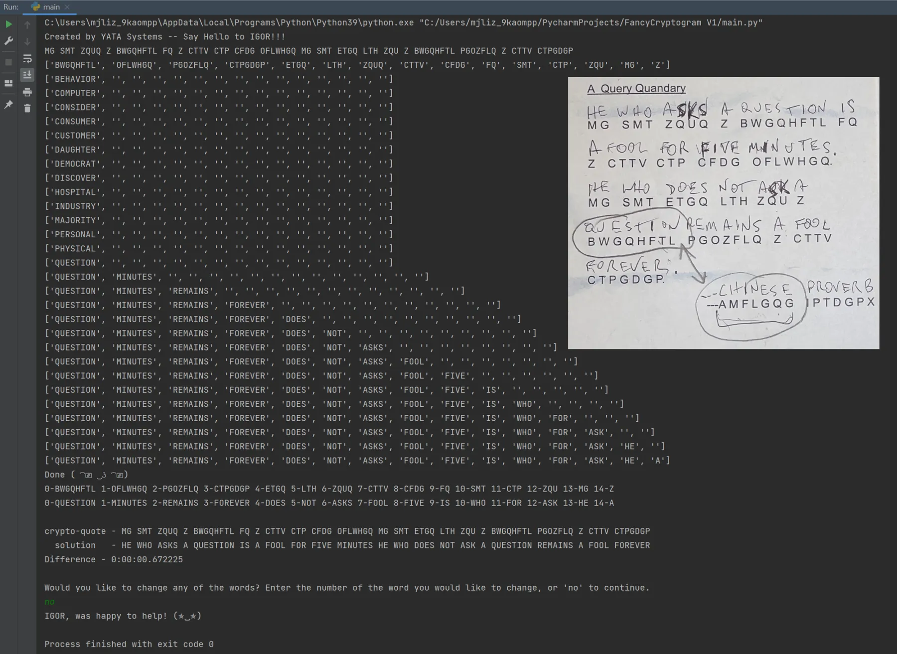 Screenshot of the program's output showing the class handout cryptogram solved