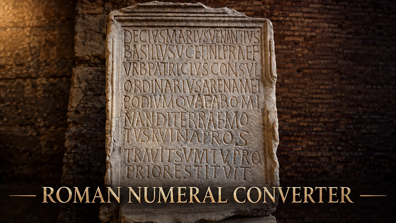 Ancient Roman inscription on a stone slab with the title Roman Numeral Converter