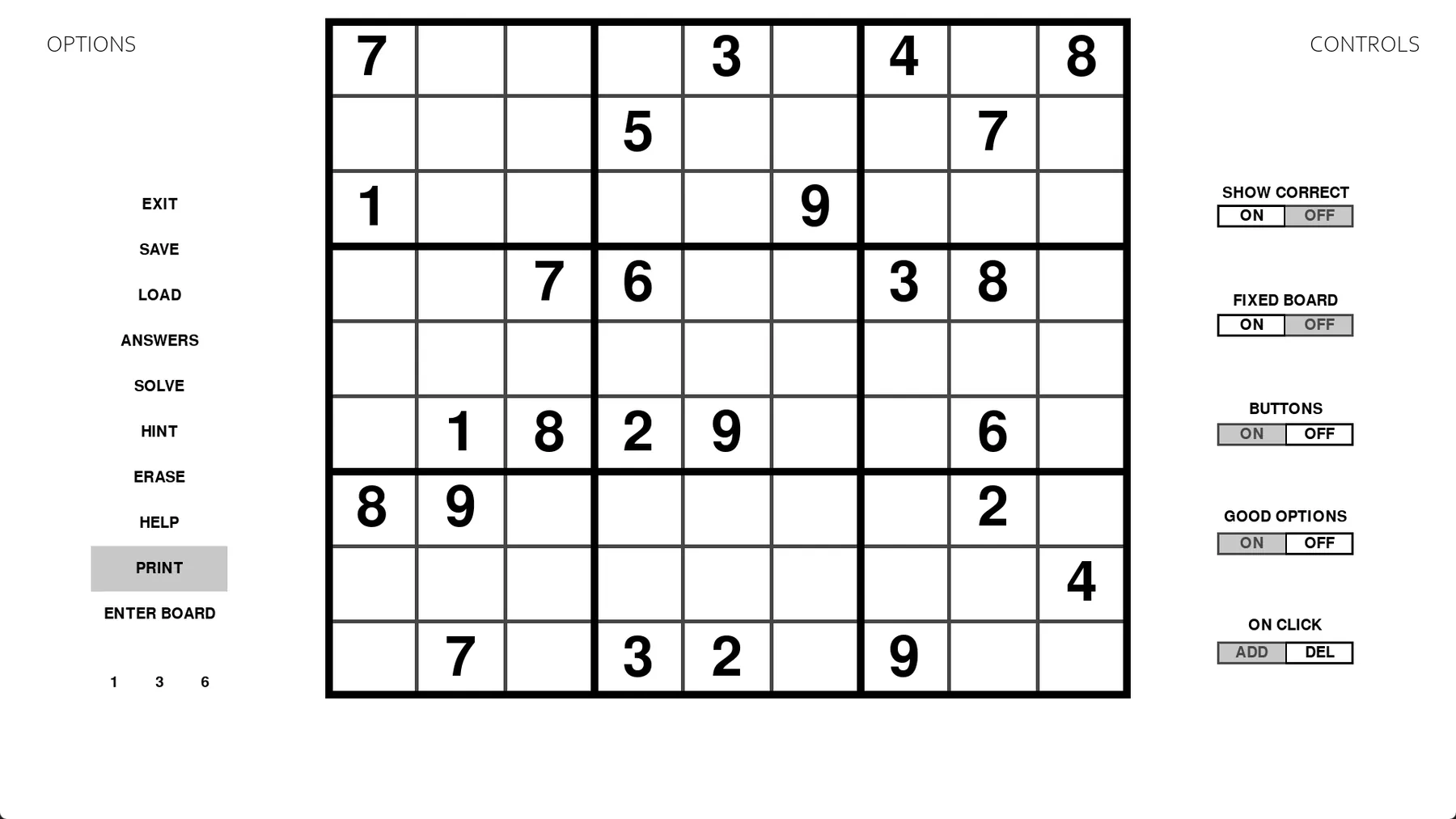 Sudoku interface with a generated puzzle, options on the left and control toggles on the right