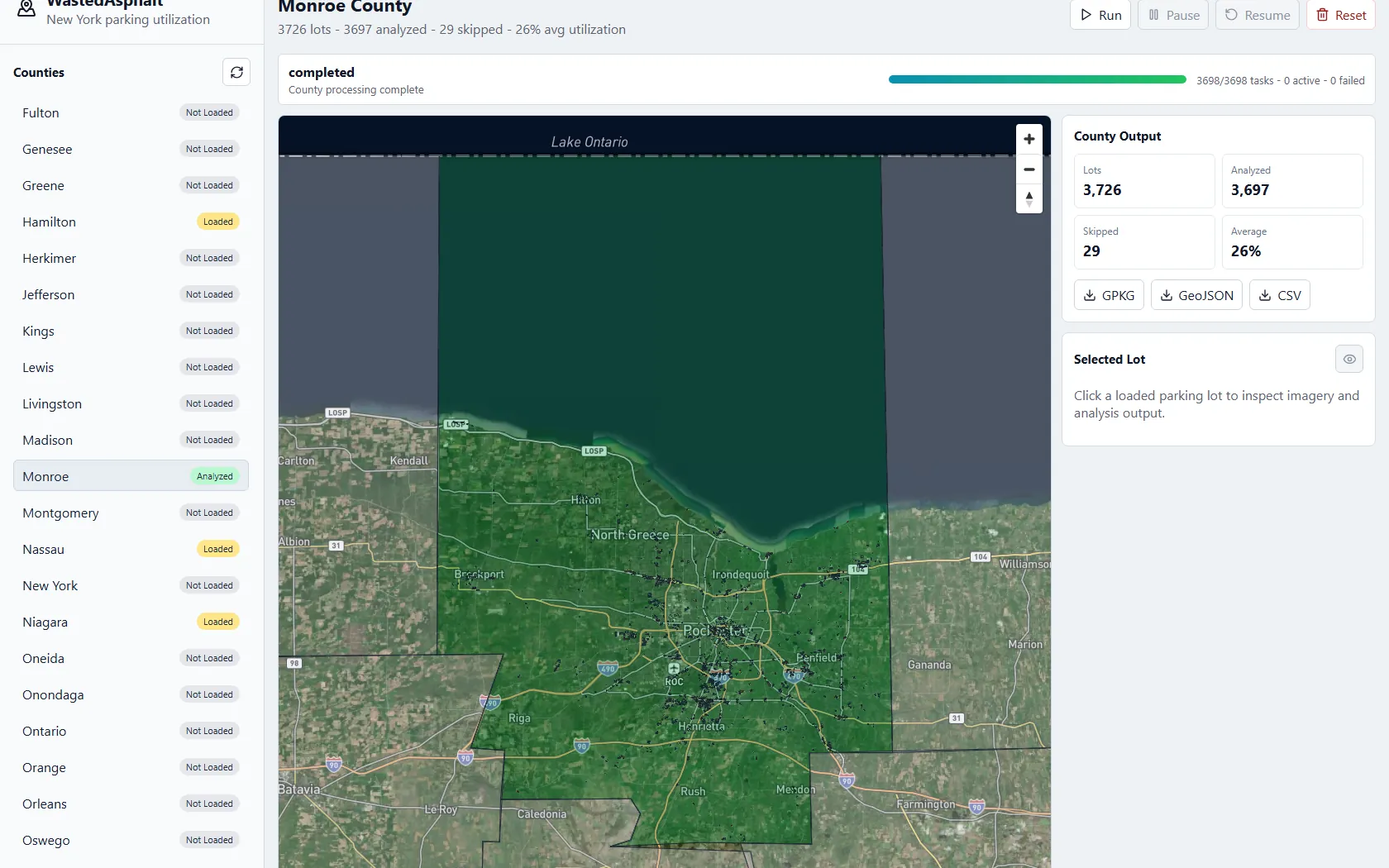 Completed Monroe County analysis with thousands of parking lots colored on the map and job totals in the side panels